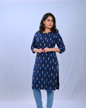 Huezo Women's Cotton Straight Ikkat Kurti