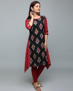 Huezo Women's Cotton Ikkat A-Line Kurti