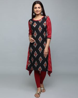 Huezo Women's Cotton Ikkat A-Line Kurti