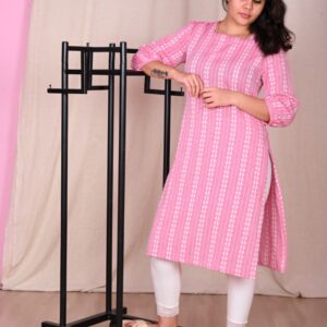 Huezo Women's Cotton Ikat Pink   Straight Kurthi