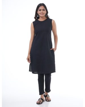 Huezo Women's Cotton sleeveless straight kurti & Plant black colour Combo